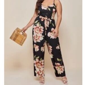 Black floral jumpsuit with matching belt